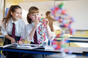 Two students in uniform building a DNA model during a science lesson at an international school in Ajman